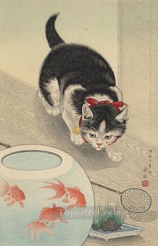  bowl painting - cat and bowl of goldfish 1933 Ohara Koson Shin hanga